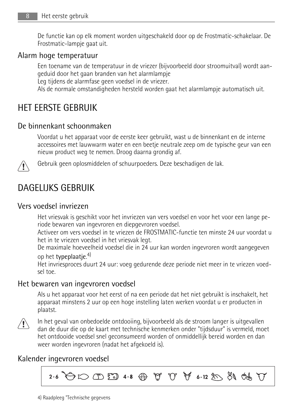 Het eerste gebruik, Dagelijks gebruik, Alarm hoge temperatuur | De binnenkant schoonmaken, Vers voedsel invriezen, Het bewaren van ingevroren voedsel, Kalender ingevroren voedsel | AEG A51100HSW0 User Manual | Page 8 / 84