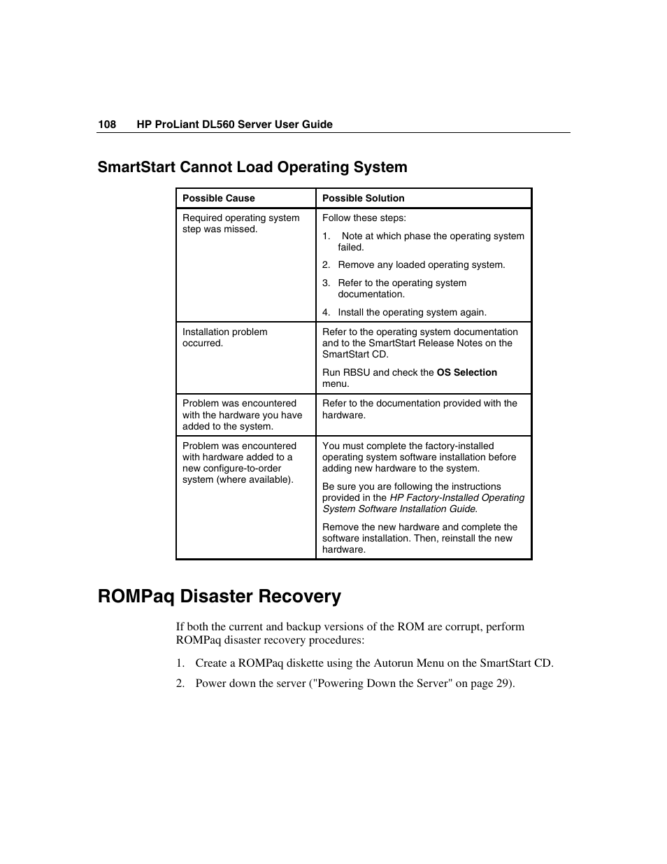 Smartstart cannot load operating system, Rompaq disaster recovery | HP ProLiant DL560 Server User Manual | Page 108 / 136