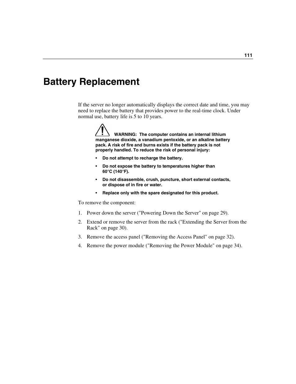 Battery replacement | HP ProLiant DL560 Server User Manual | Page 111 / 136
