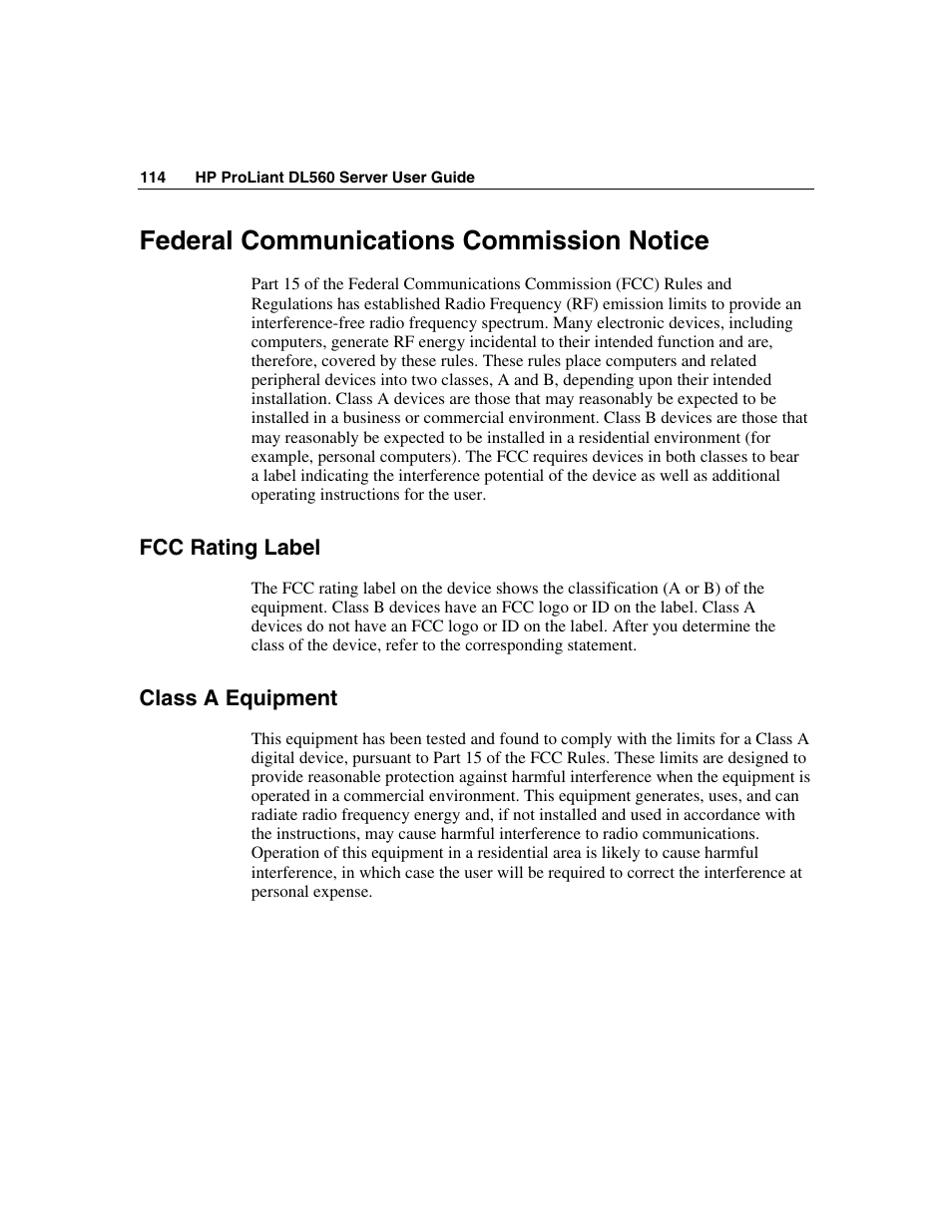 Federal communications commission notice, Fcc rating label, Class a equipment | HP ProLiant DL560 Server User Manual | Page 114 / 136
