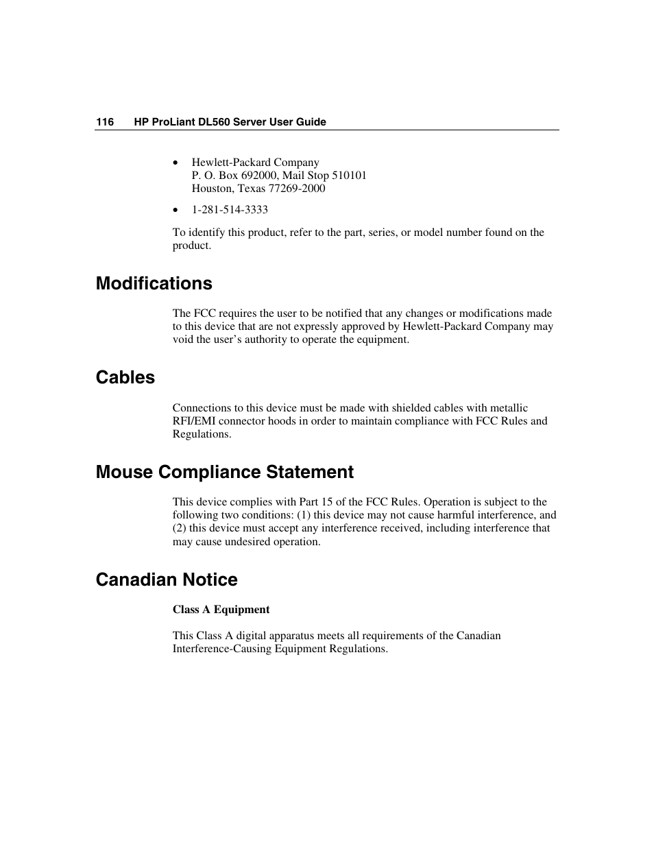 Modifications, Cables, Mouse compliance statement | Canadian notice, Modifications cables mouse compliance statement, 116 canadian notice | HP ProLiant DL560 Server User Manual | Page 116 / 136