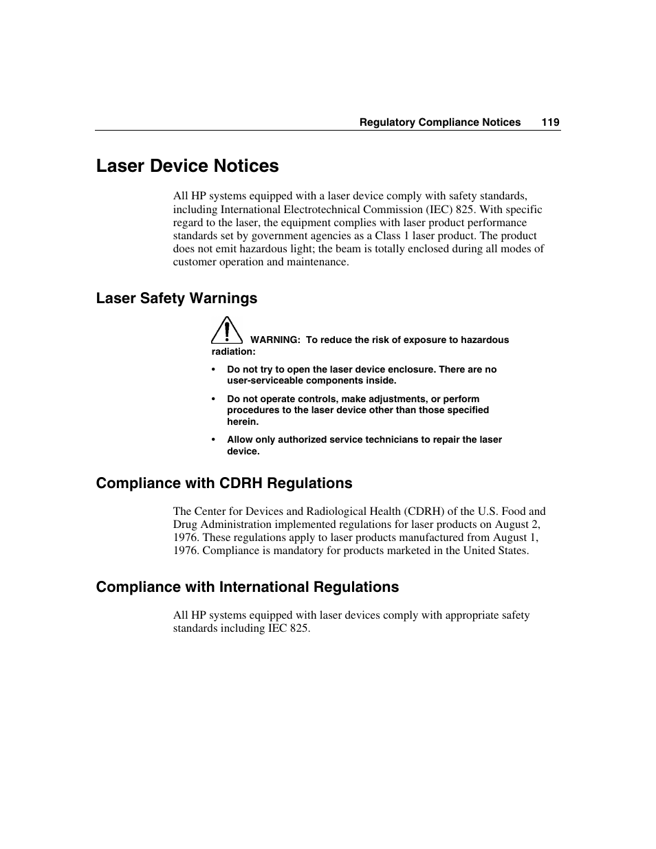 Laser device notices, Laser safety warnings, Compliance with cdrh regulations | Compliance with international regulations | HP ProLiant DL560 Server User Manual | Page 119 / 136