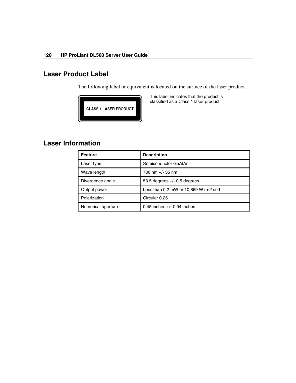 Laser product label, Laser information | HP ProLiant DL560 Server User Manual | Page 120 / 136