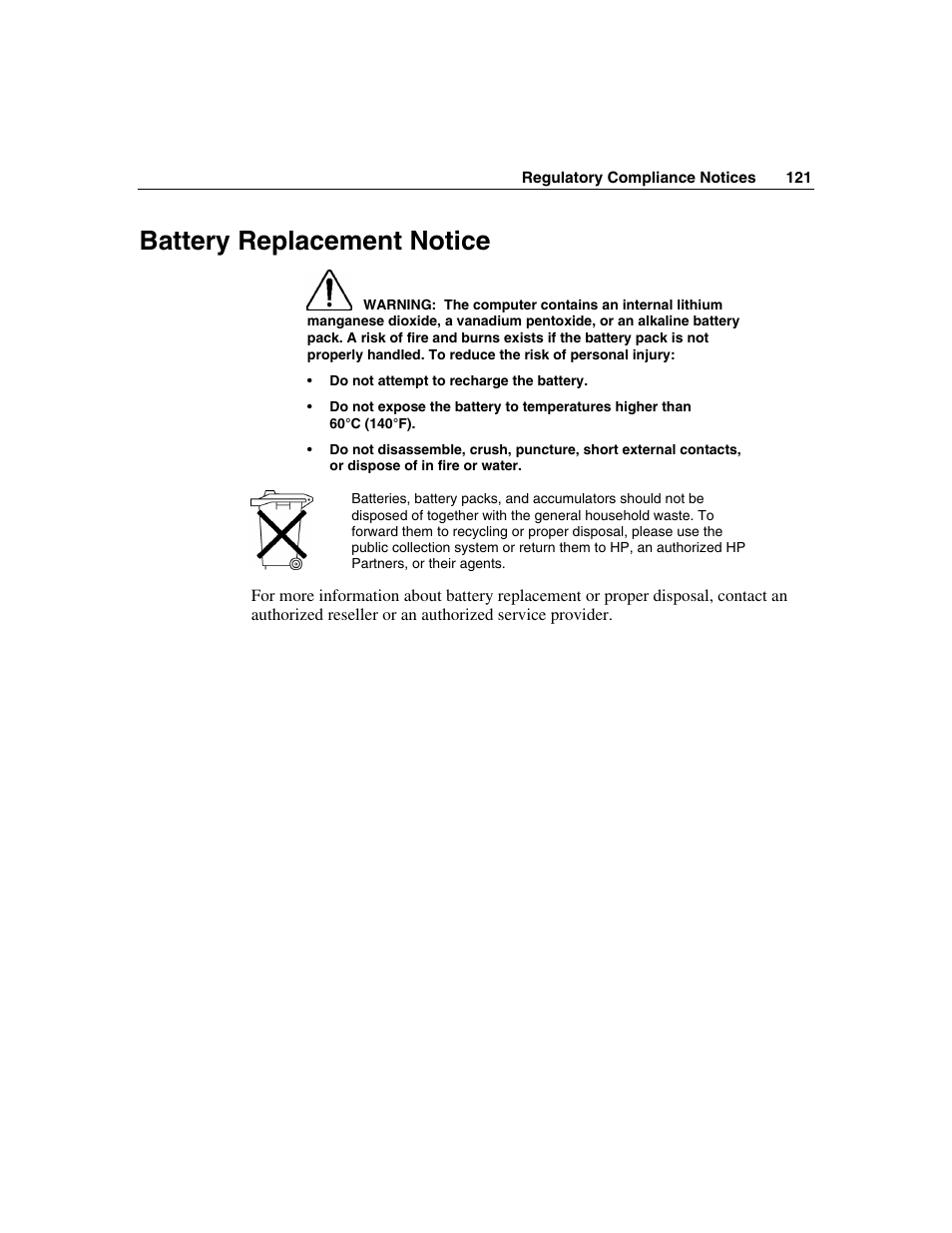 Battery replacement notice | HP ProLiant DL560 Server User Manual | Page 121 / 136