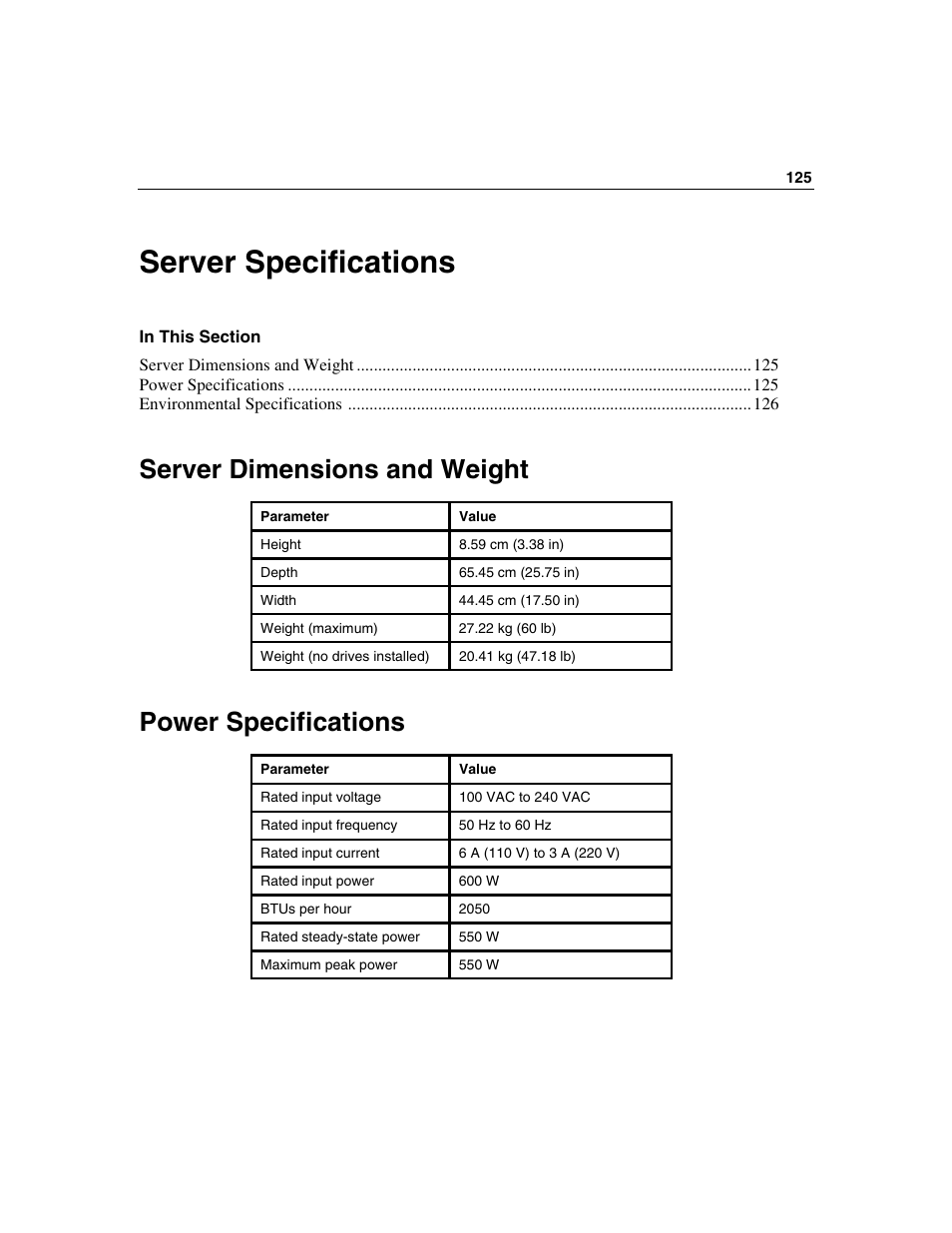 Server specifications, Server dimensions and weight, Power specifications | HP ProLiant DL560 Server User Manual | Page 125 / 136