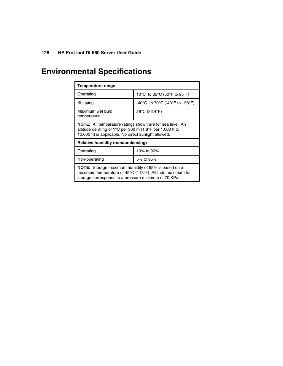 Environmental specifications | HP ProLiant DL560 Server User Manual | Page 126 / 136