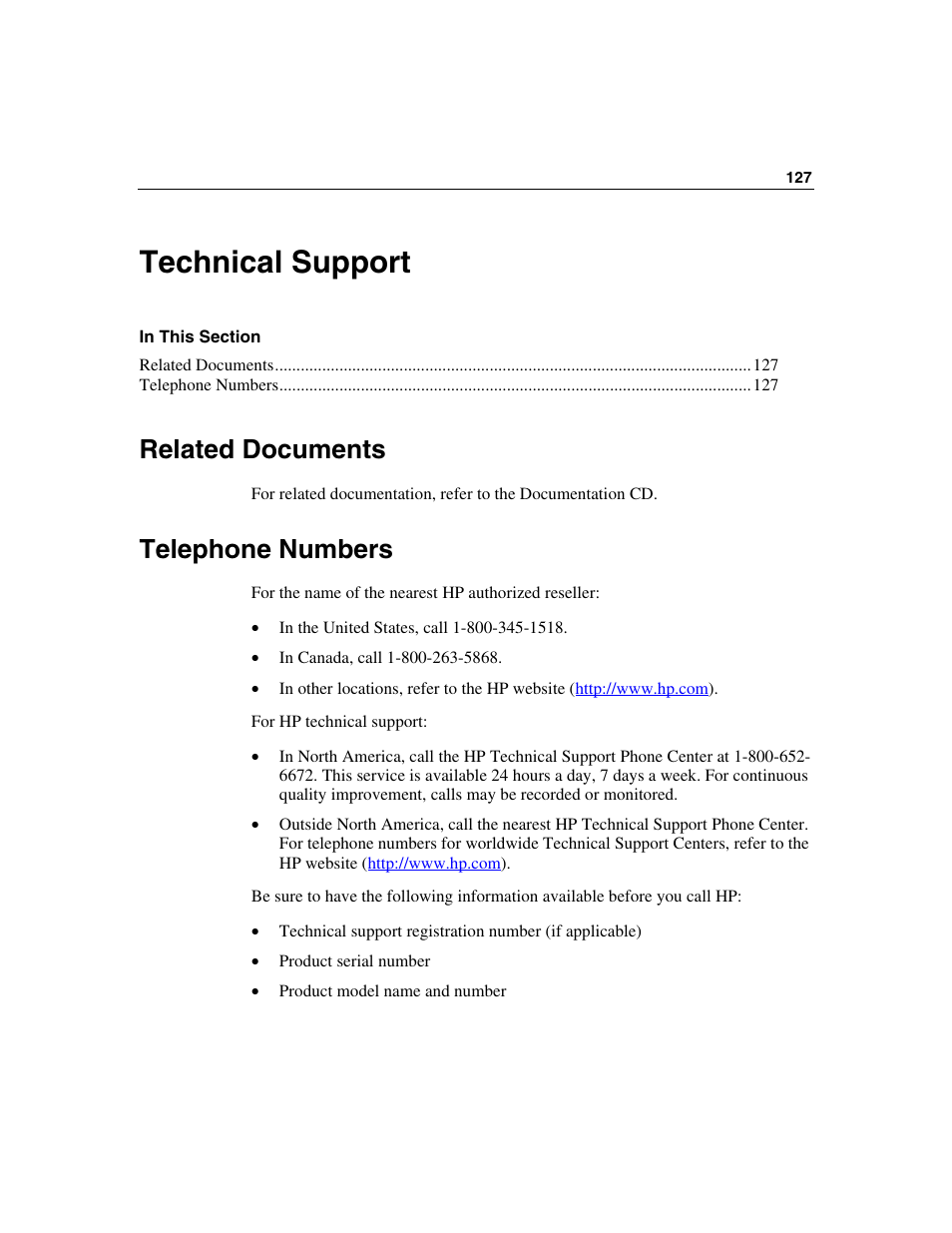 Technical support, Related documents, Telephone numbers | HP ProLiant DL560 Server User Manual | Page 127 / 136