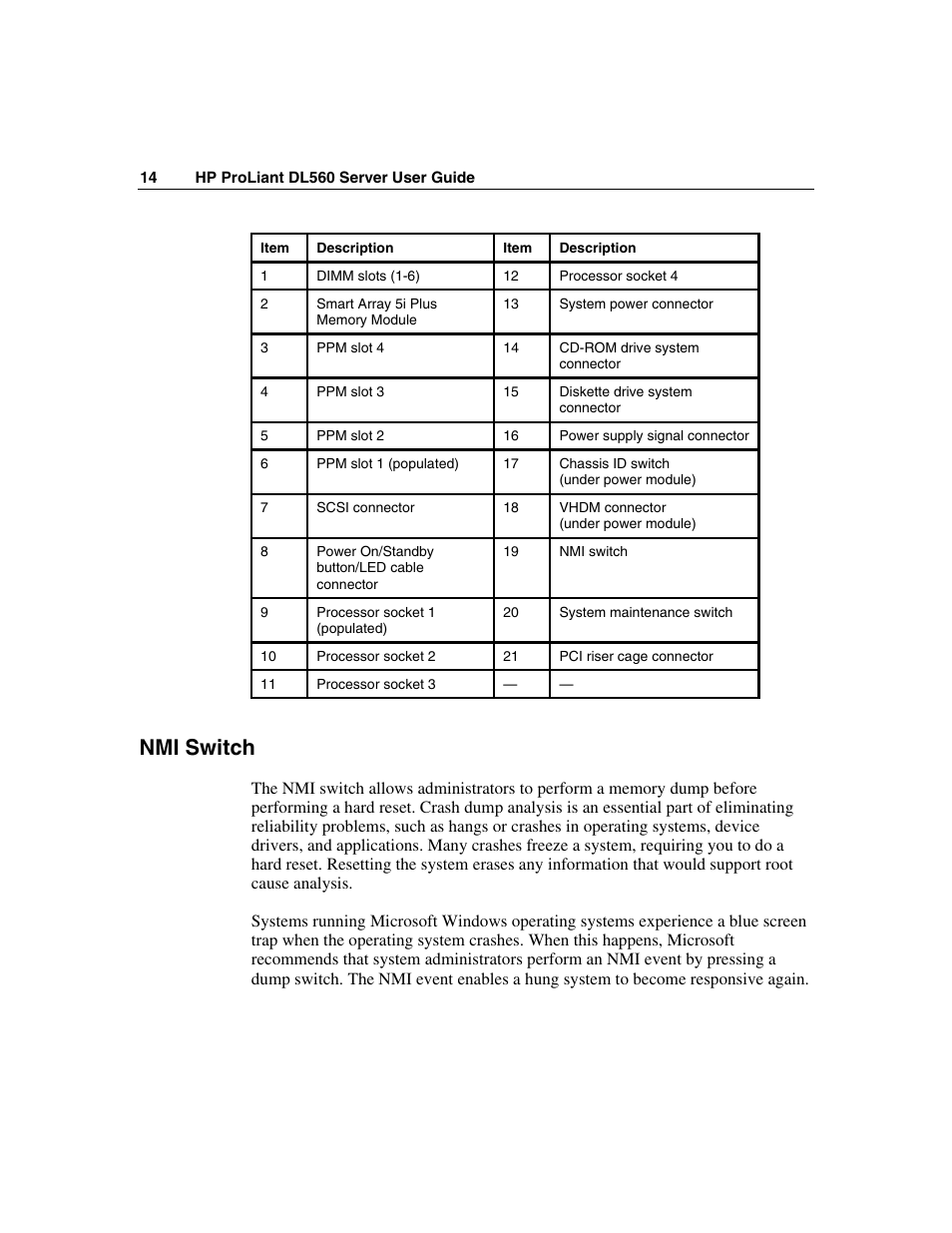 Nmi switch | HP ProLiant DL560 Server User Manual | Page 14 / 136