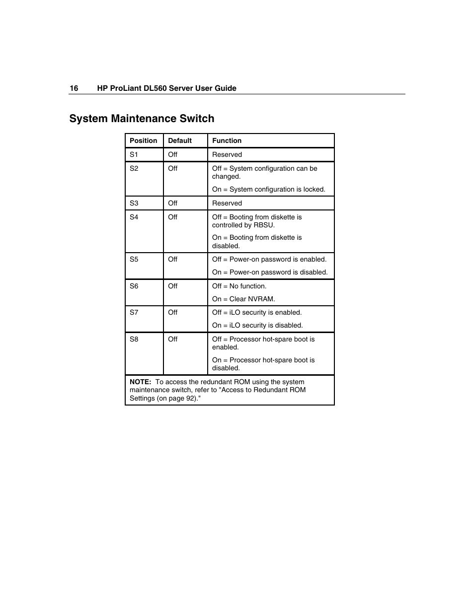 System maintenance switch | HP ProLiant DL560 Server User Manual | Page 16 / 136