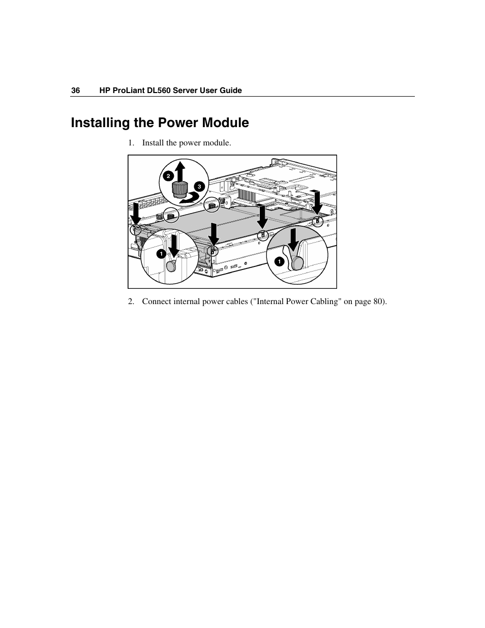 Installing the power module | HP ProLiant DL560 Server User Manual | Page 36 / 136