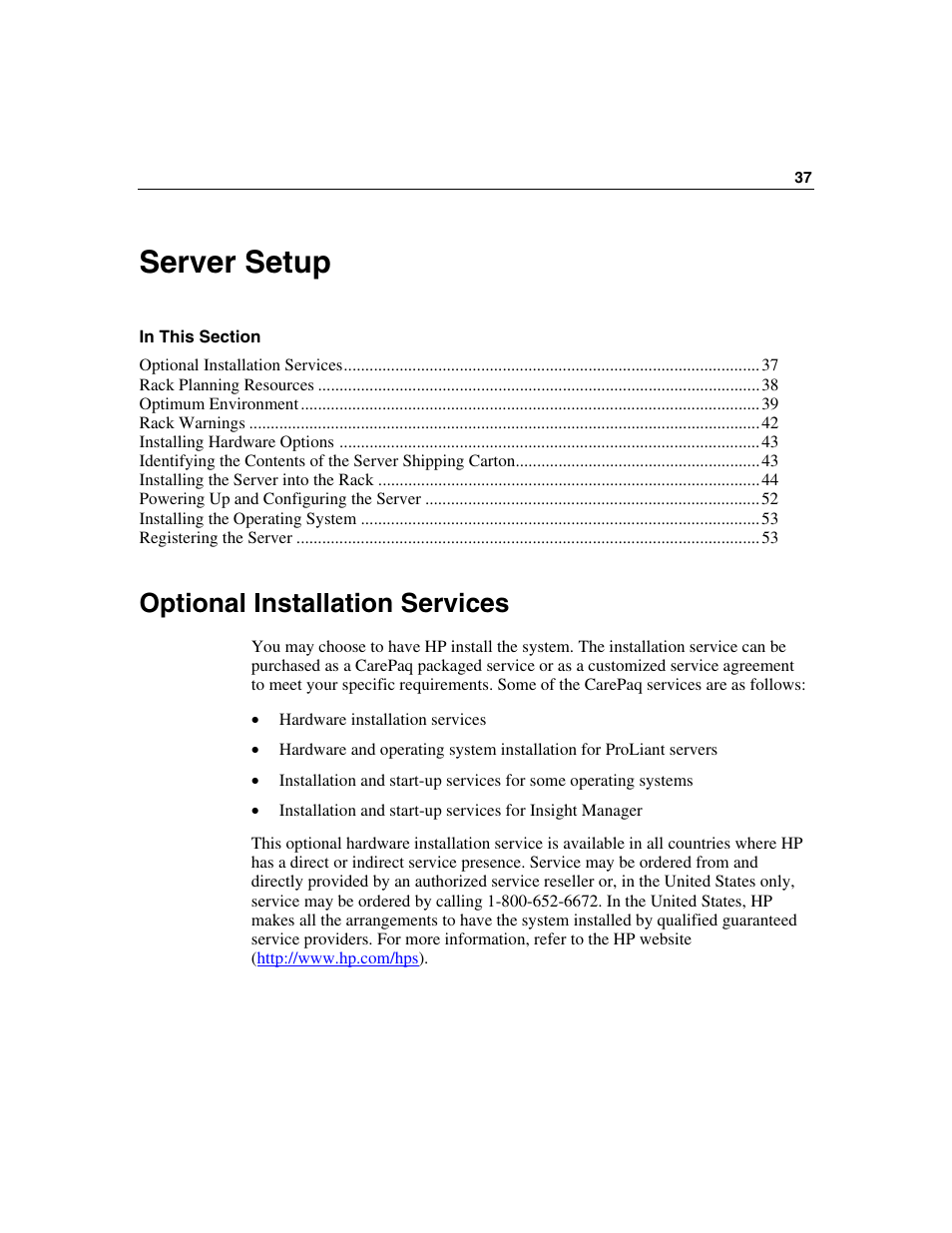 Server setup, Optional installation services | HP ProLiant DL560 Server User Manual | Page 37 / 136