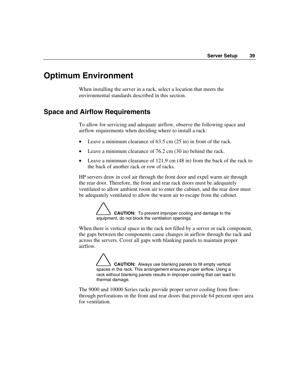 Optimum environment, Space and airflow requirements | HP ProLiant DL560 Server User Manual | Page 39 / 136