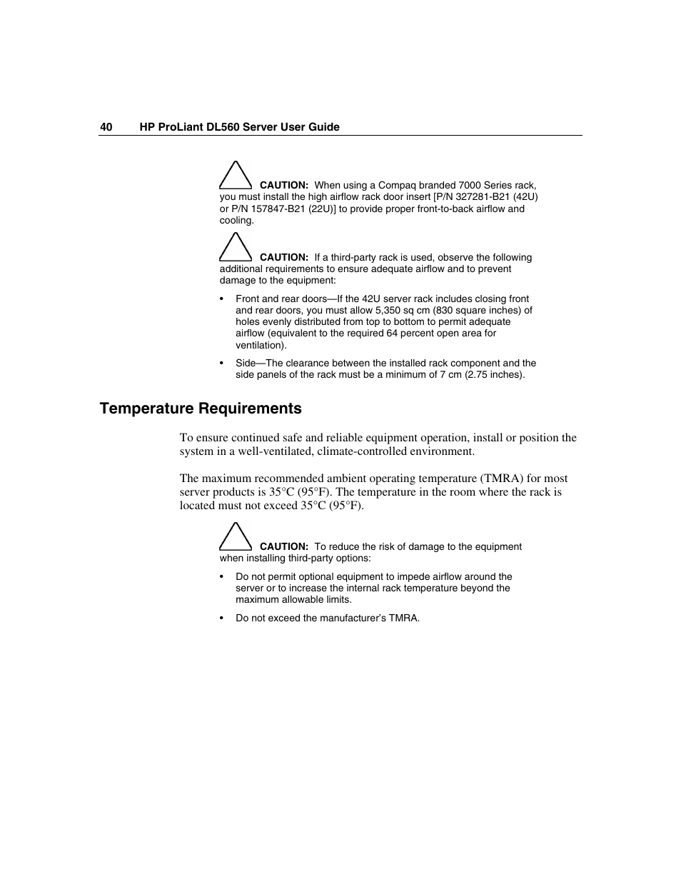 Temperature requirements | HP ProLiant DL560 Server User Manual | Page 40 / 136