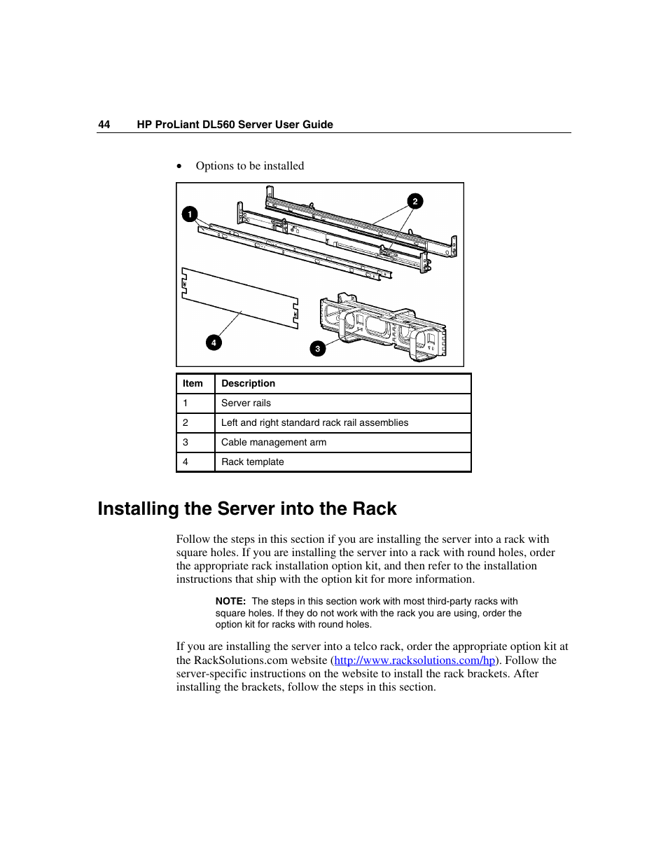 Installing the server into the rack | HP ProLiant DL560 Server User Manual | Page 44 / 136