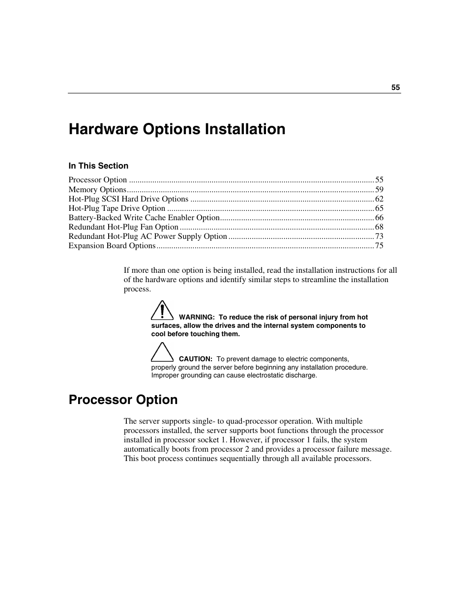 Hardware options installation, Processor option | HP ProLiant DL560 Server User Manual | Page 55 / 136