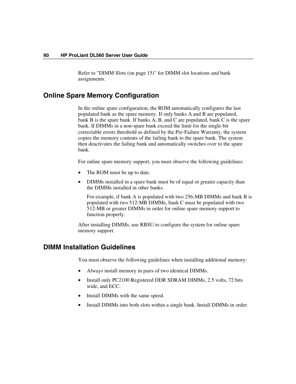 Online spare memory configuration, Dimm installation guidelines | HP ProLiant DL560 Server User Manual | Page 60 / 136