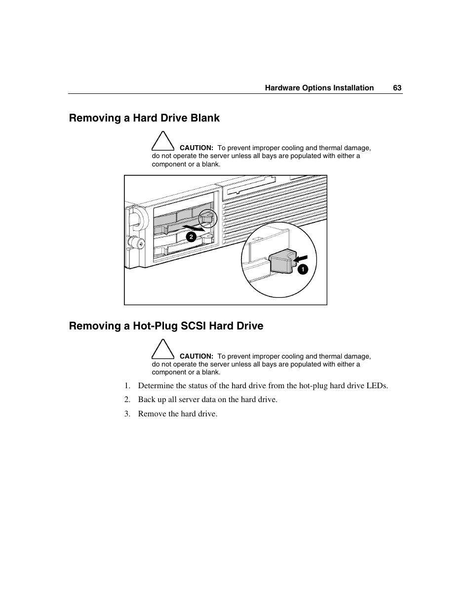 Removing a hard drive blank, Removing a hot-plug scsi hard drive | HP ProLiant DL560 Server User Manual | Page 63 / 136