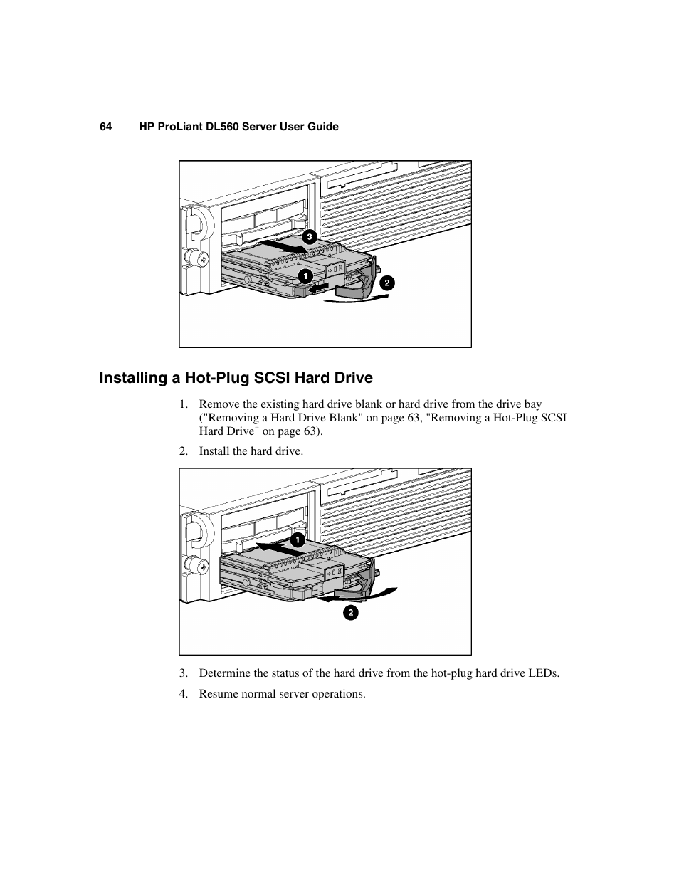 Installing a hot-plug scsi hard drive | HP ProLiant DL560 Server User Manual | Page 64 / 136