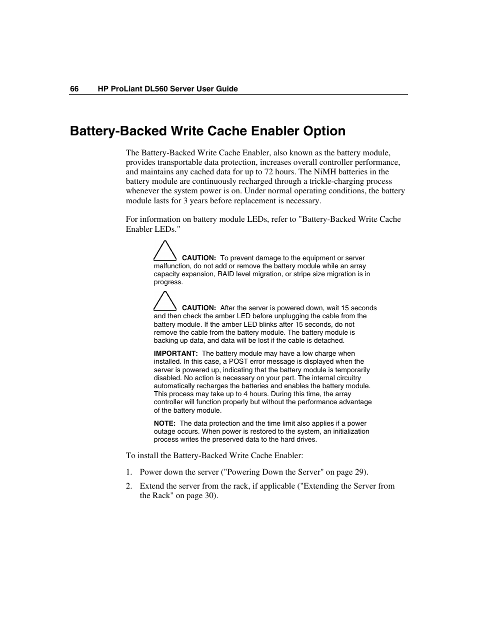 Battery-backed write cache enabler option | HP ProLiant DL560 Server User Manual | Page 66 / 136