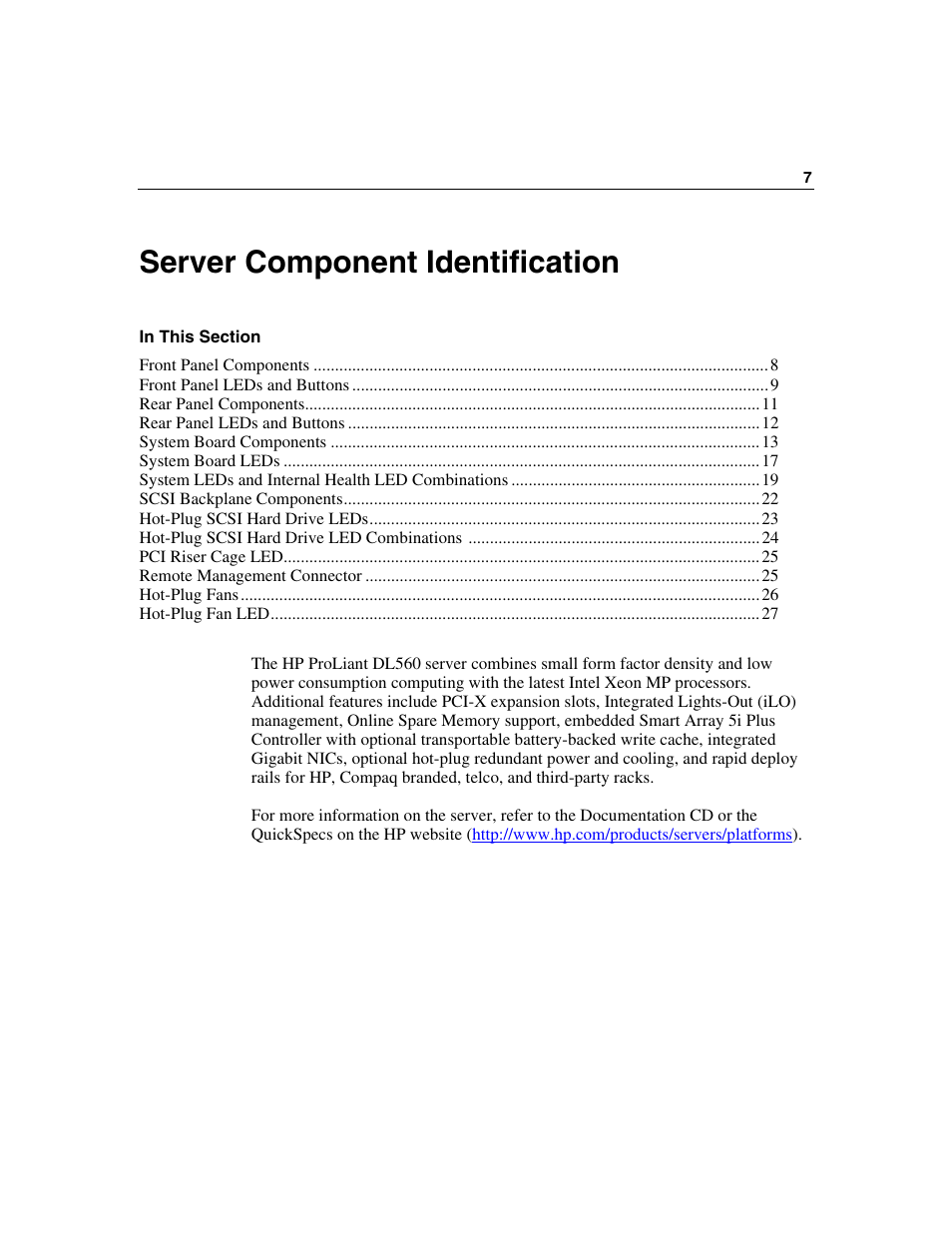 Server component identification | HP ProLiant DL560 Server User Manual | Page 7 / 136