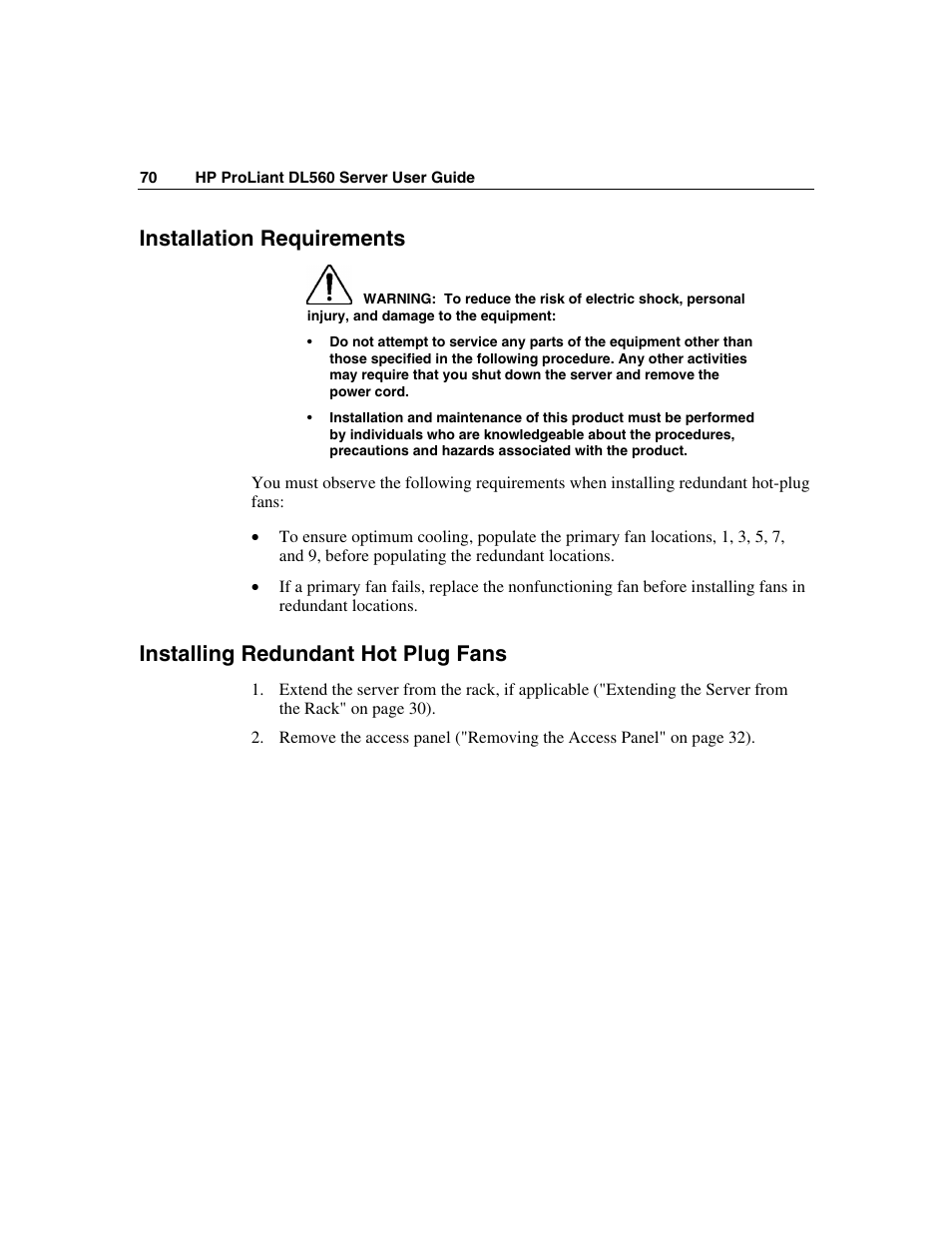 Installation requirements, Installing redundant hot plug fans | HP ProLiant DL560 Server User Manual | Page 70 / 136