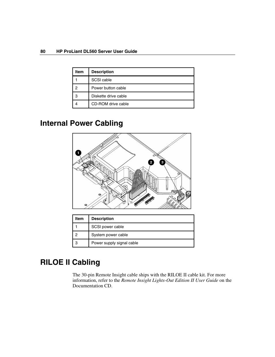 Internal power cabling, Riloe ii cabling | HP ProLiant DL560 Server User Manual | Page 80 / 136