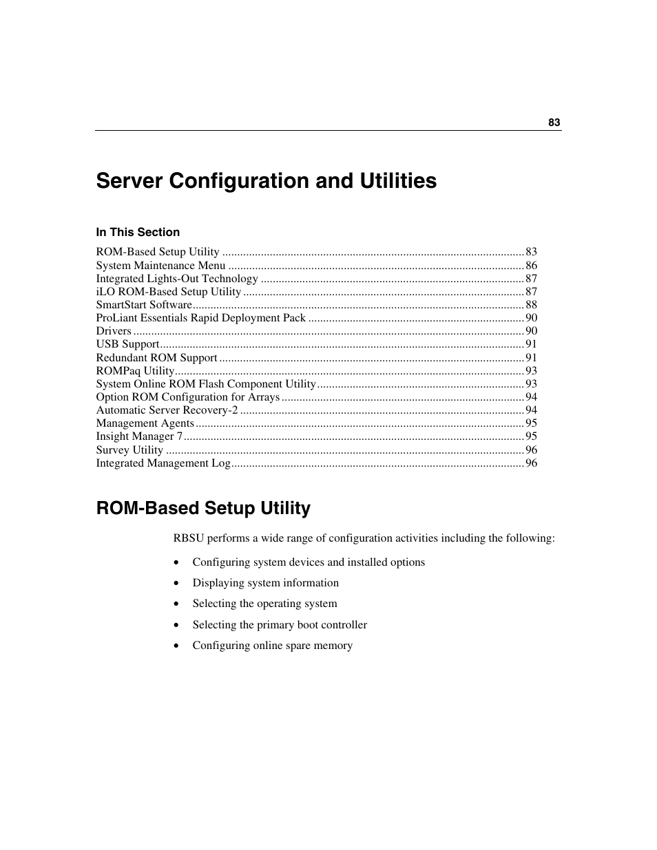 Server configuration and utilities, Rom-based setup utility | HP ProLiant DL560 Server User Manual | Page 83 / 136