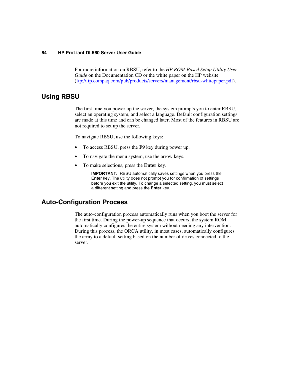Using rbsu, Auto-configuration process | HP ProLiant DL560 Server User Manual | Page 84 / 136