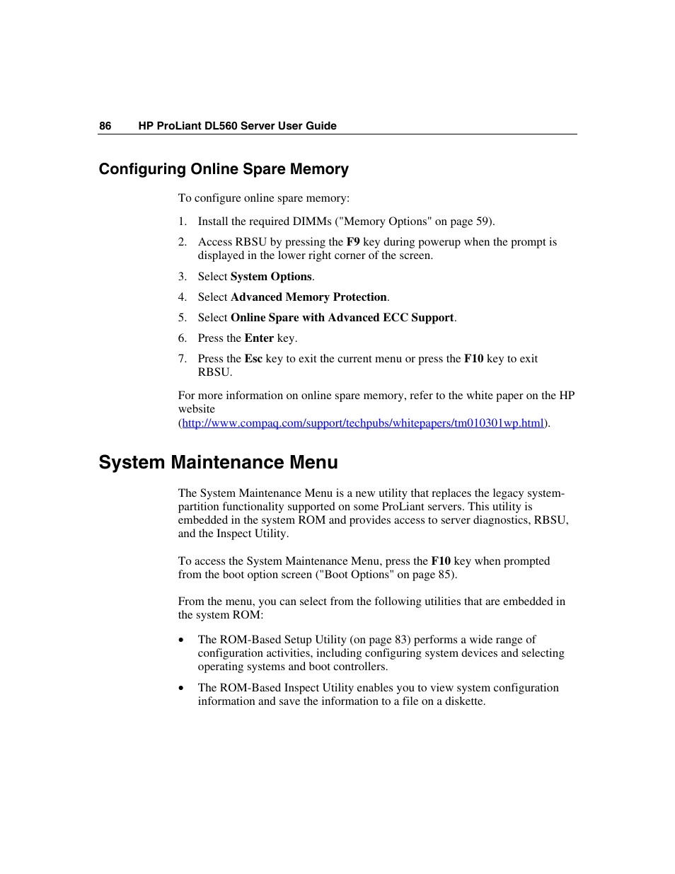 Configuring online spare memory, System maintenance menu | HP ProLiant DL560 Server User Manual | Page 86 / 136