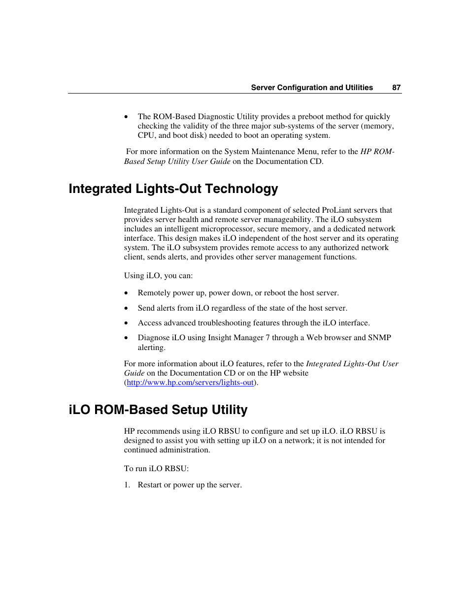 Integrated lights-out technology, Ilo rom-based setup utility | HP ProLiant DL560 Server User Manual | Page 87 / 136