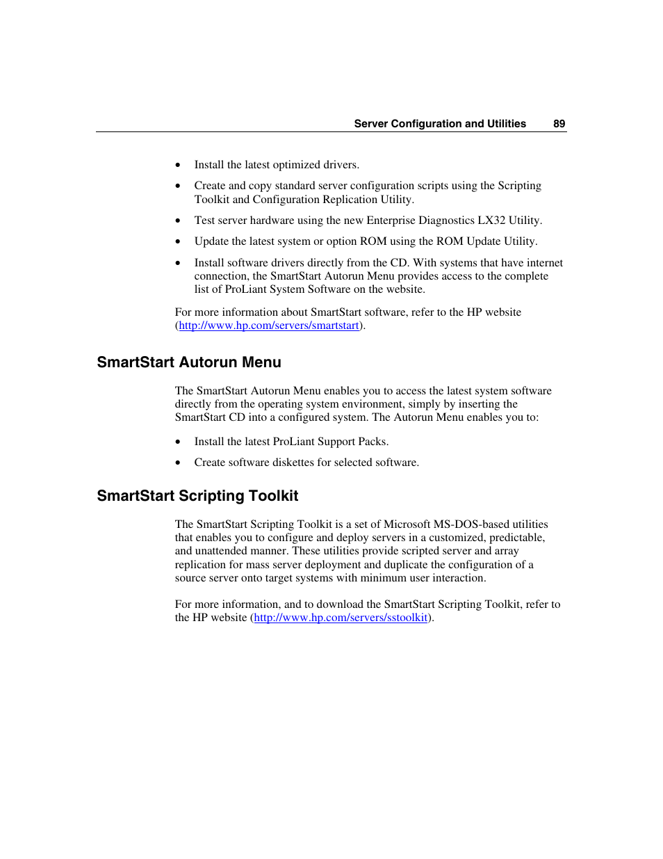 Smartstart autorun menu, Smartstart scripting toolkit | HP ProLiant DL560 Server User Manual | Page 89 / 136