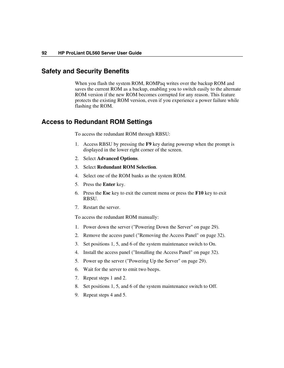 Safety and security benefits, Access to redundant rom settings | HP ProLiant DL560 Server User Manual | Page 92 / 136