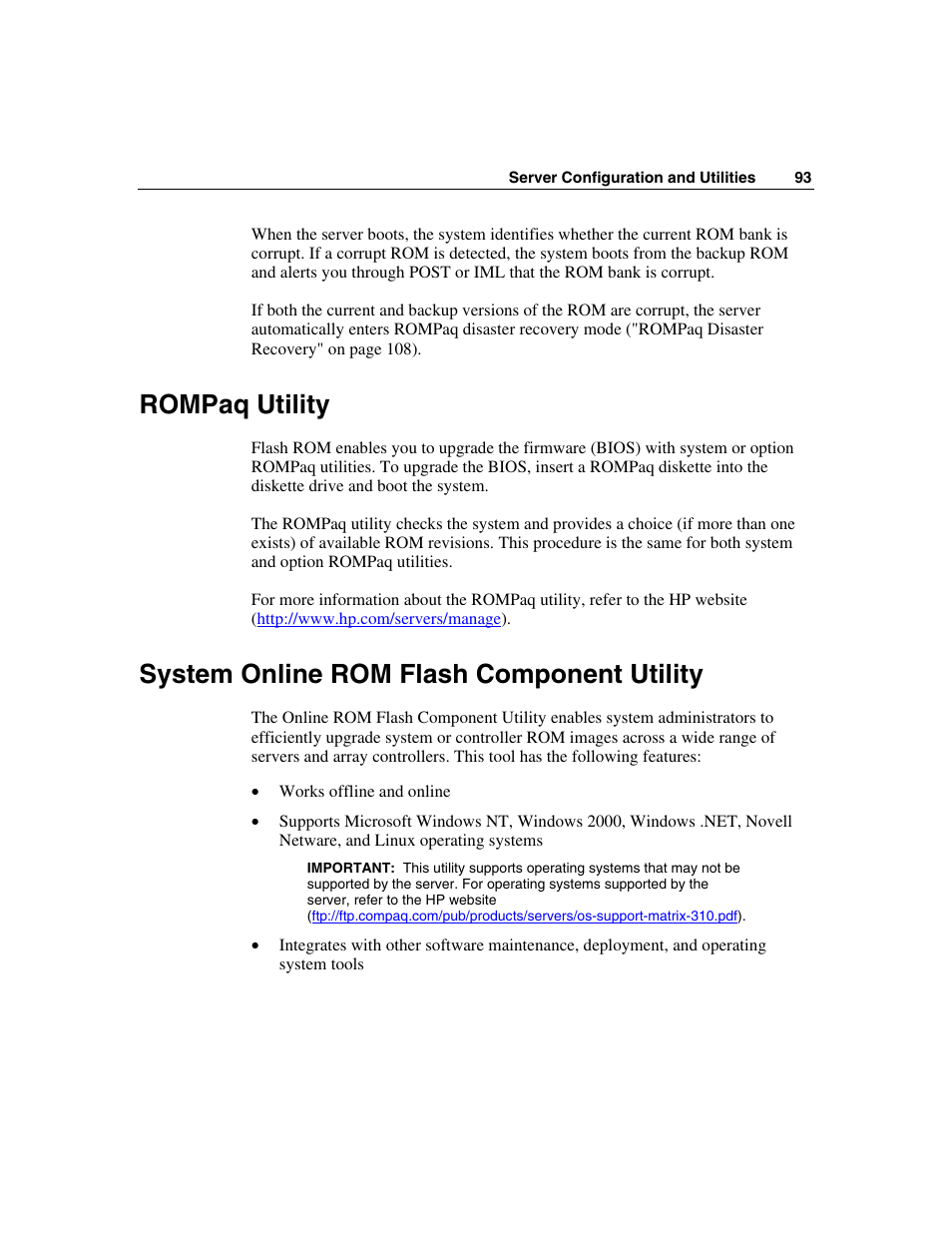 Rompaq utility, System online rom flash component utility | HP ProLiant DL560 Server User Manual | Page 93 / 136