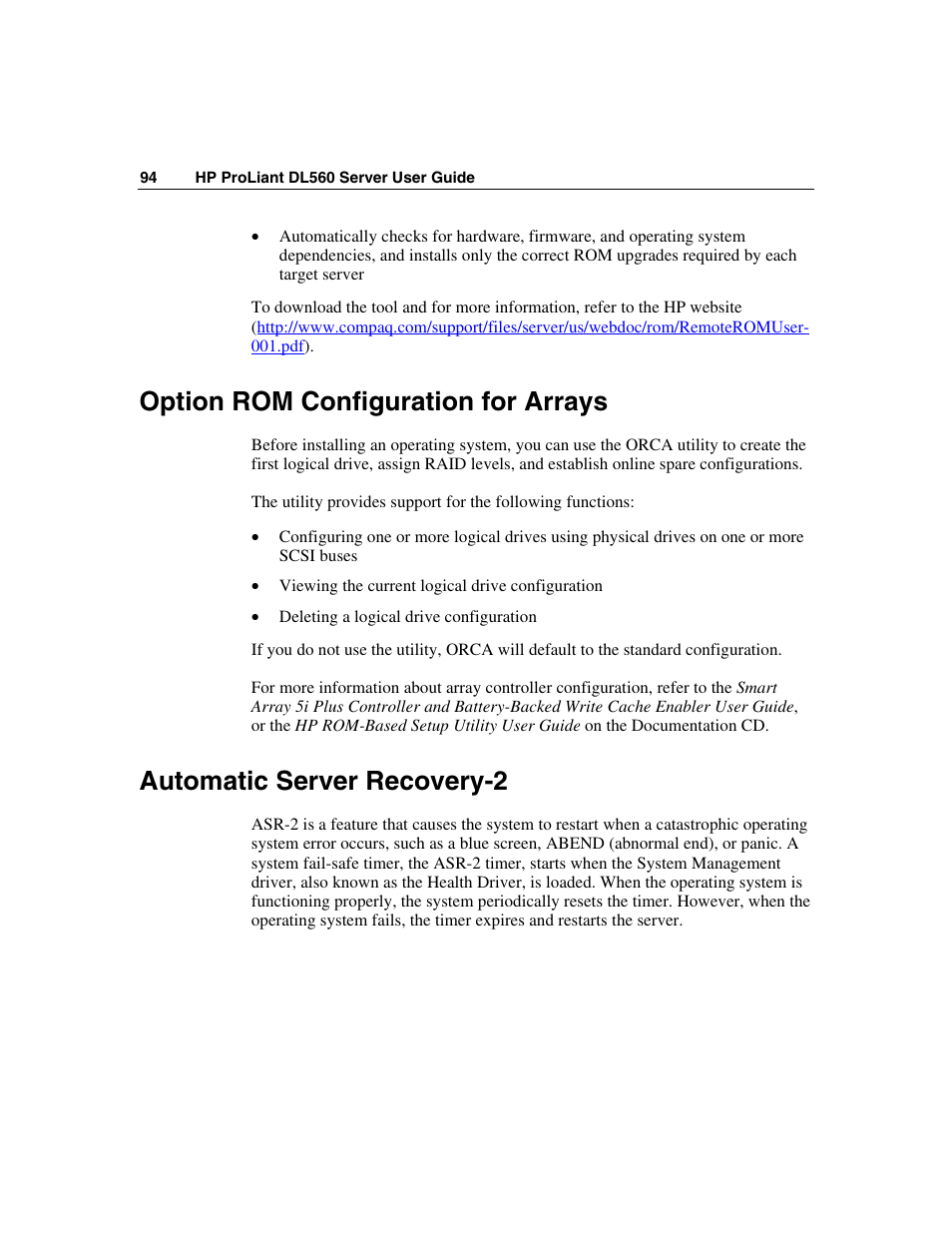 Option rom configuration for arrays, Automatic server recovery-2 | HP ProLiant DL560 Server User Manual | Page 94 / 136