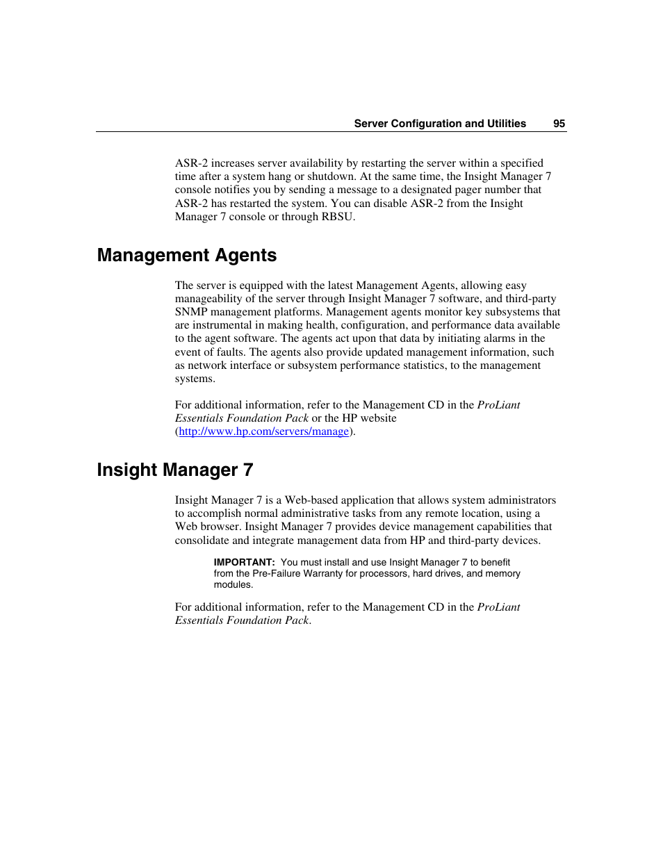 Management agents, Insight manager 7, Management agents insight manager 7 | HP ProLiant DL560 Server User Manual | Page 95 / 136