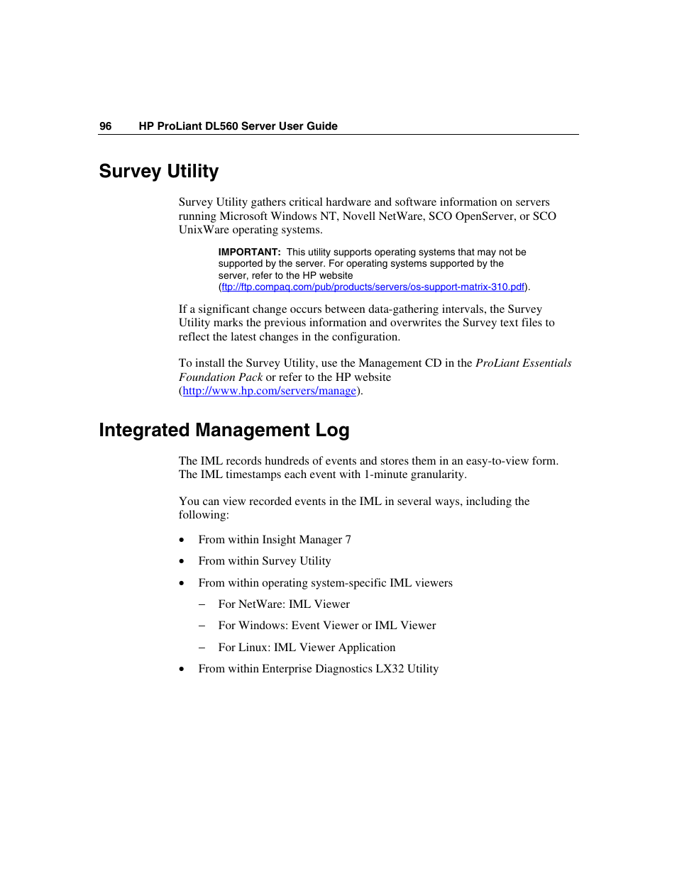 Survey utility, Integrated management log, Survey utility integrated management log | HP ProLiant DL560 Server User Manual | Page 96 / 136