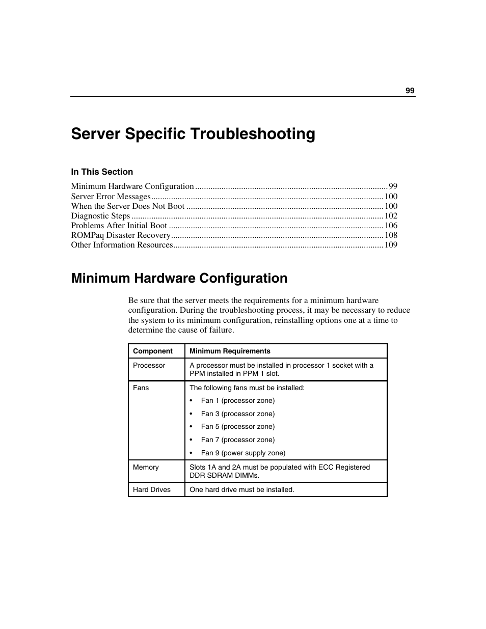 Server specific troubleshooting, Minimum hardware configuration | HP ProLiant DL560 Server User Manual | Page 99 / 136