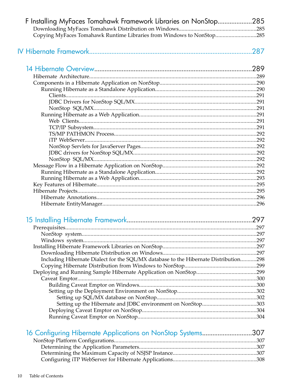 Iv hibernate framework 14 hibernate overview, 15 installing hibernate framework | HP Integrity NonStop H-Series User Manual | Page 10 / 492