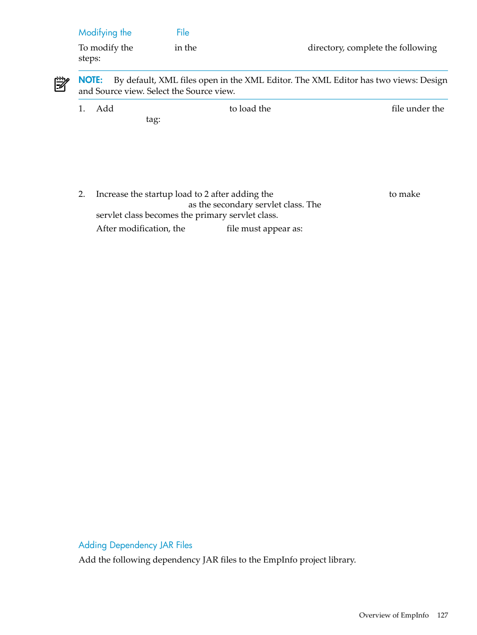Modifying the web.xml file, Adding dependency jar files, Modifying the | Web.xml, File | HP Integrity NonStop H-Series User Manual | Page 127 / 492