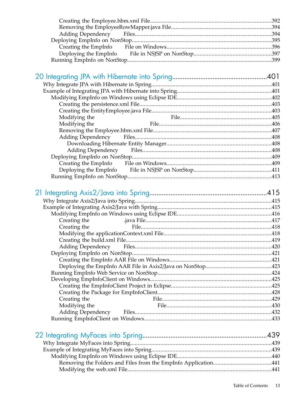 20 integrating jpa with hibernate into spring, 21 integrating axis2/java into spring, 22 integrating myfaces into spring | HP Integrity NonStop H-Series User Manual | Page 13 / 492