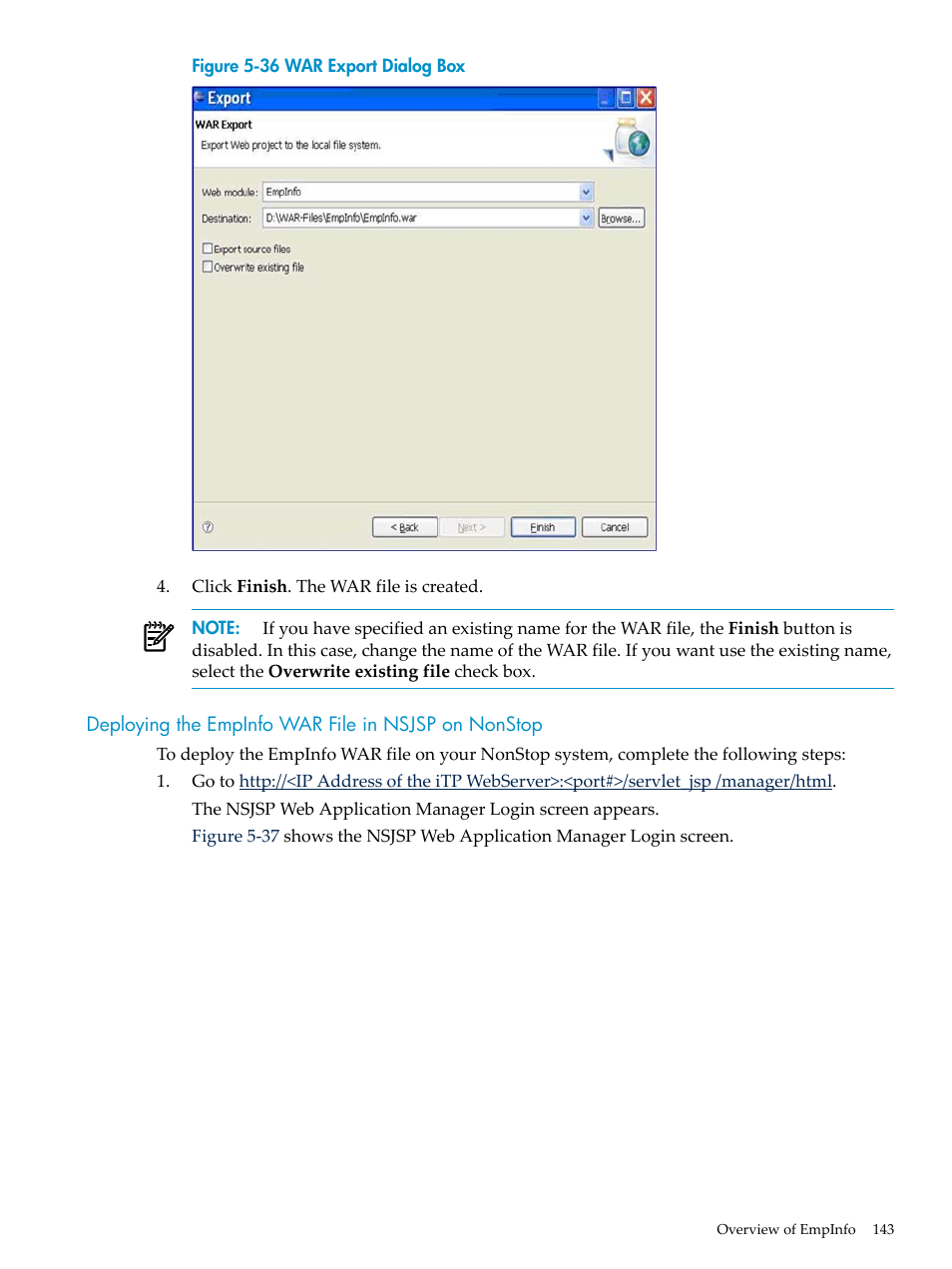 Deploying the empinfo war file in nsjsp on nonstop, Deploying the empinfo war, File in nsjsp on nonstop | Figure 5-36 | HP Integrity NonStop H-Series User Manual | Page 143 / 492