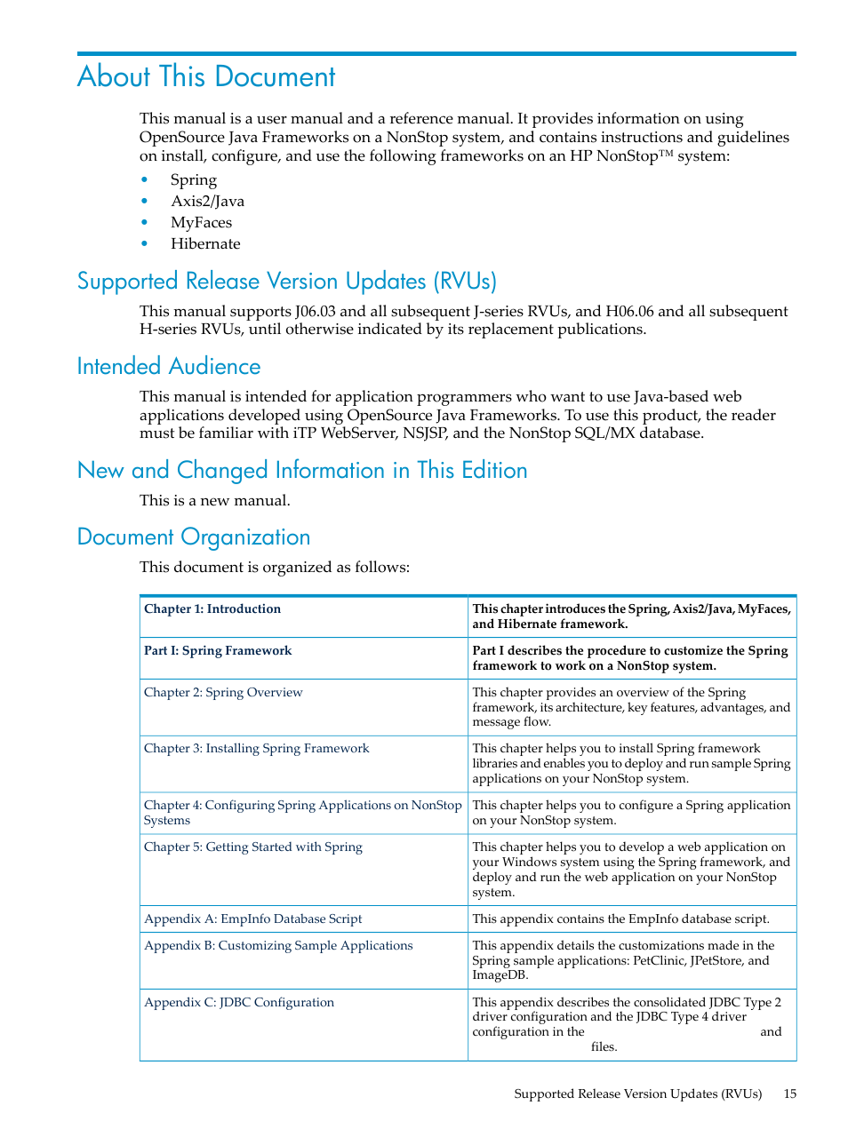 About this document, Supported release version updates (rvus), Intended audience | New and changed information in this edition, Document organization | HP Integrity NonStop H-Series User Manual | Page 15 / 492