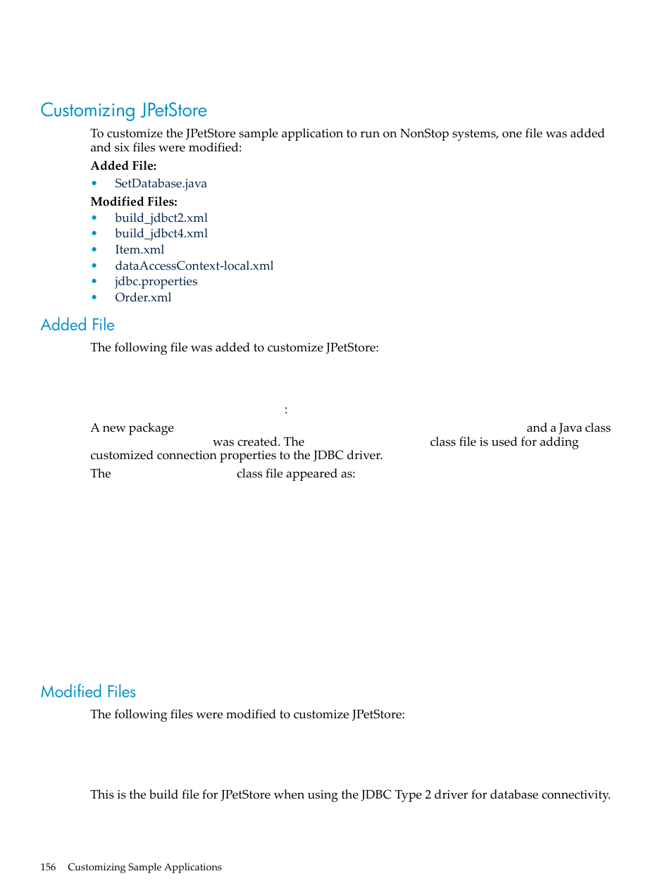 Customizing jpetstore, Added file, Setdatabase.java | Modified files, Build_jdbct2.xml | HP Integrity NonStop H-Series User Manual | Page 156 / 492