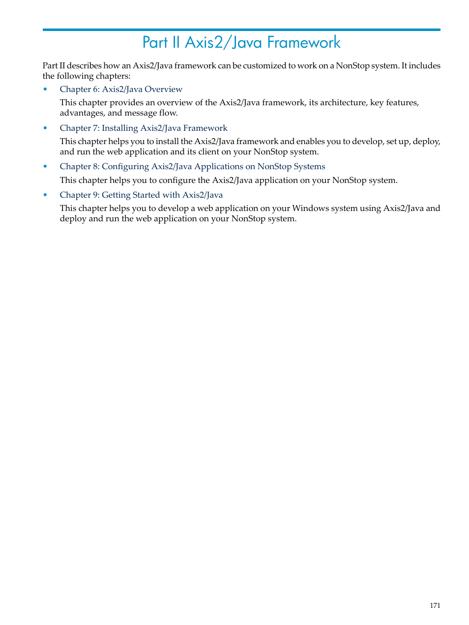 Part ii axis2/java framework, Ii axis2/java framework, Part ii: axis2/java framework | HP Integrity NonStop H-Series User Manual | Page 171 / 492