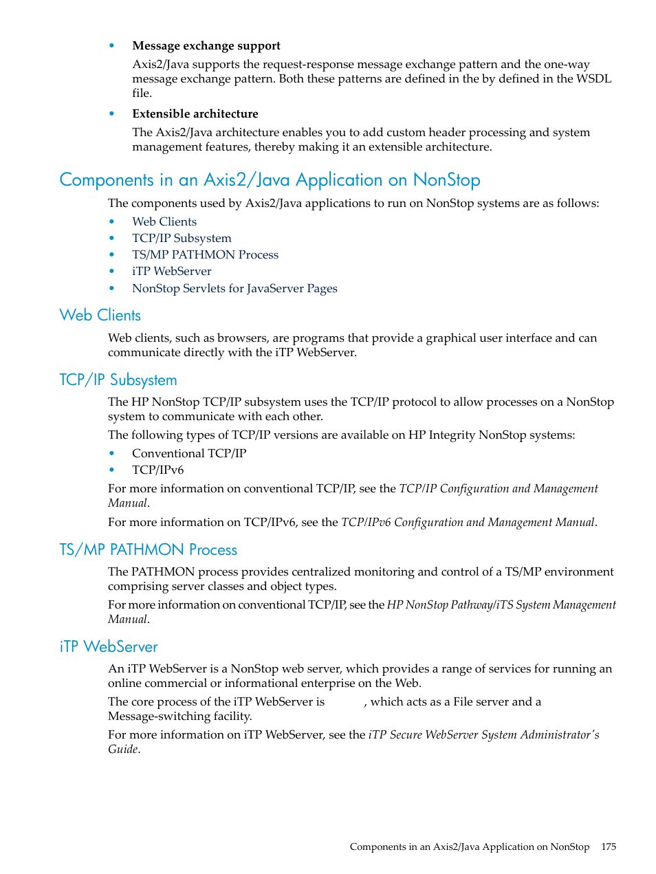 Components in an axis2/java application on nonstop, Web clients, Tcp/ip subsystem | Ts/mp pathmon process, Itp webserver | HP Integrity NonStop H-Series User Manual | Page 175 / 492