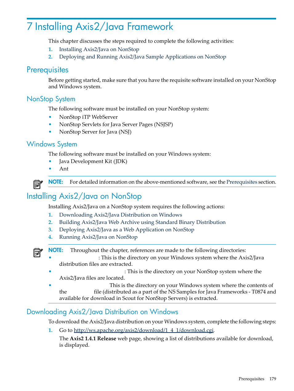 7 installing axis2/java framework, Prerequisites, Nonstop system | Windows system, Installing axis2/java on nonstop, Downloading axis2/java distribution on windows, Nonstop system windows system, Chapter 7: installing axis2/java framework | HP Integrity NonStop H-Series User Manual | Page 179 / 492