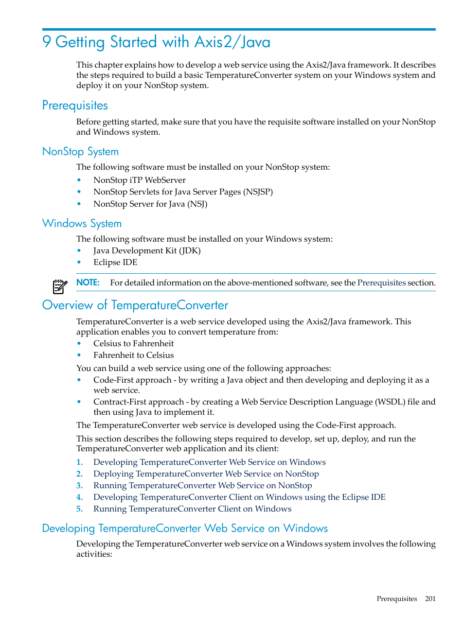 9 getting started with axis2/java, Prerequisites, Nonstop system | Windows system, Overview of temperatureconverter, Nonstop system windows system, Chapter 9: getting started with axis2/java | HP Integrity NonStop H-Series User Manual | Page 201 / 492