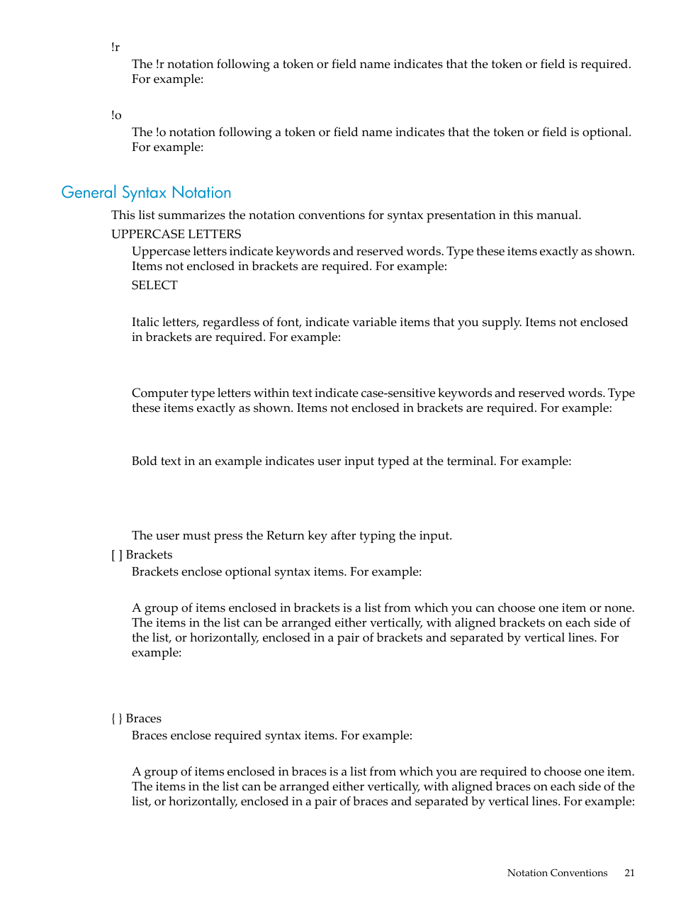 General syntax notation | HP Integrity NonStop H-Series User Manual | Page 21 / 492