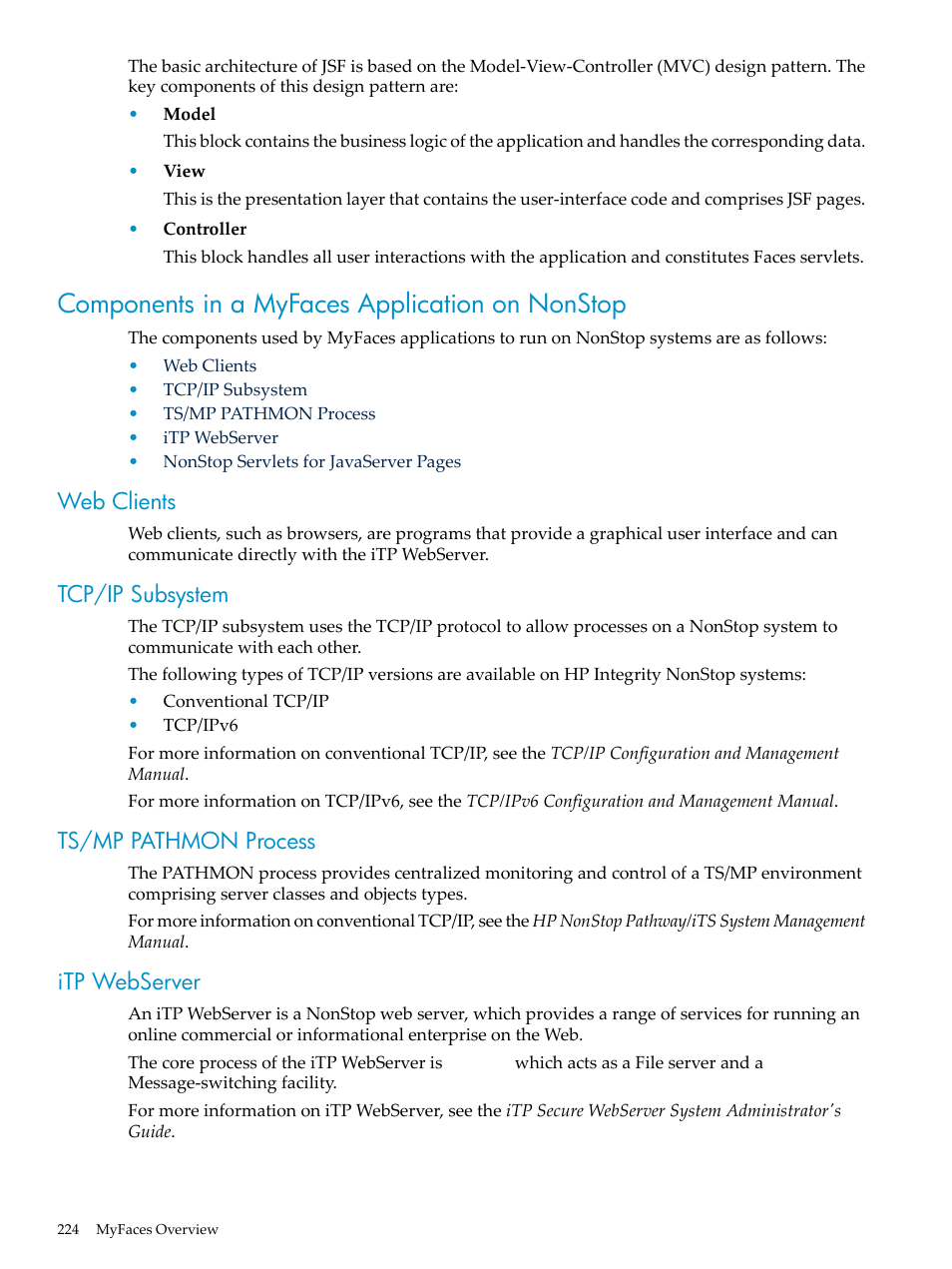Components in a myfaces application on nonstop, Web clients, Tcp/ip subsystem | Ts/mp pathmon process, Itp webserver | HP Integrity NonStop H-Series User Manual | Page 224 / 492