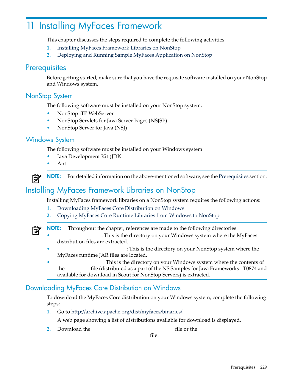 11 installing myfaces framework, Prerequisites, Nonstop system | Windows system, Installing myfaces framework libraries on nonstop, Downloading myfaces core distribution on windows, Nonstop system windows system, Chapter 11: installing myfaces framework | HP Integrity NonStop H-Series User Manual | Page 229 / 492